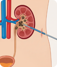 Illustration of percutaneous nephrolithotomy with a scope inserted through the back into the kidney