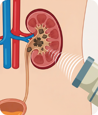 Illustration of shock wave lithotripsy targeting a kidney stone