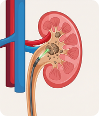 Illustration of ureteroscopy with a flexible scope reaching a kidney stone